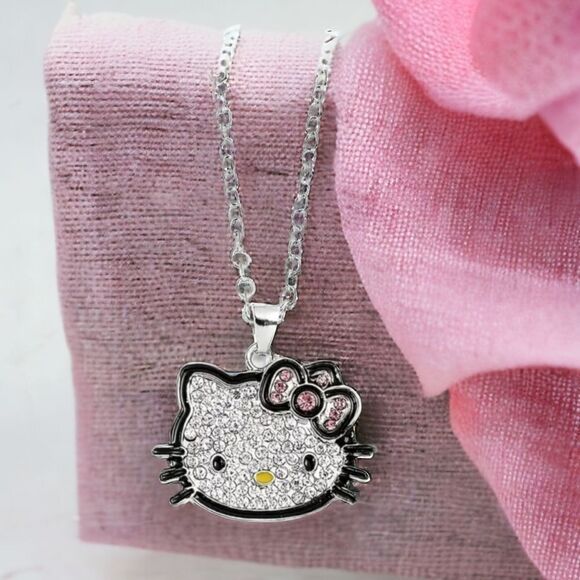 Hello Kitty Rhinestone 24" Necklace Pink Bow Cat Charm Pendant Silver Chain New - Picture 1 of 7